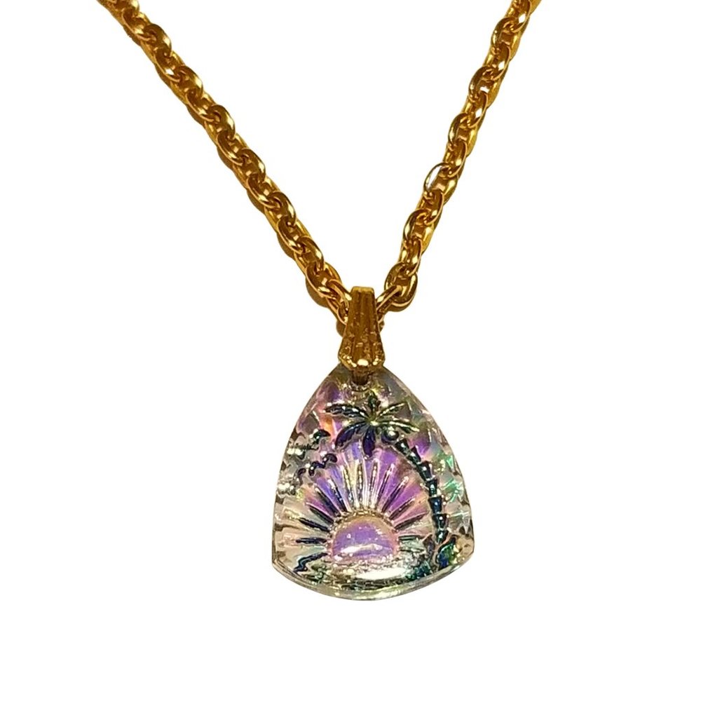 Germany Vintage Gold Tone Curb Chain Iridescent Rainbow Glass Sunset Pendant - Picture 2 of 6